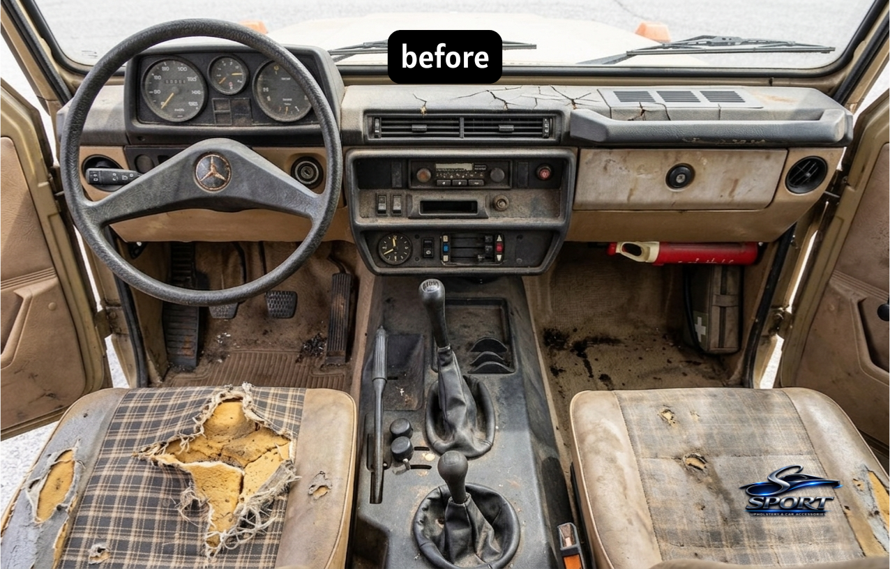 Before: worn car seat upholstery (UAE)